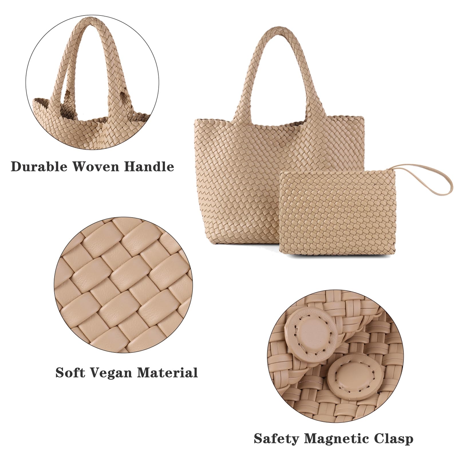SporGenius Women's Vegan Leather Woven Tote Bag - Large Beach & Travel Handbag with Detachable Small Purse | Perfect for Shopping, Work, and Vacation Getaways