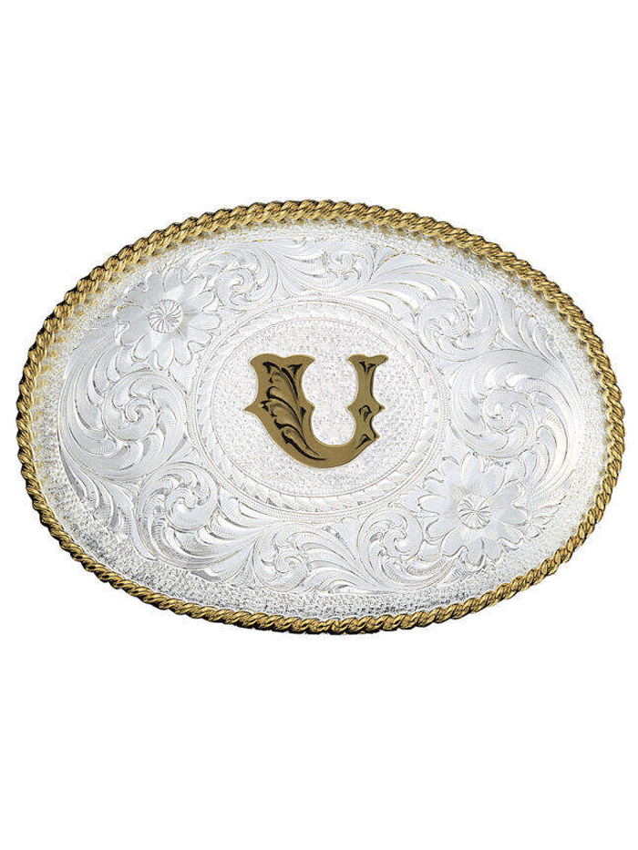 Montana Silversmiths 700 Initial Silver Engraved Gold Trim Western Belt Buckle for Men & Women - Perfect for Cowboy Boots, Jeans & Western Outfits