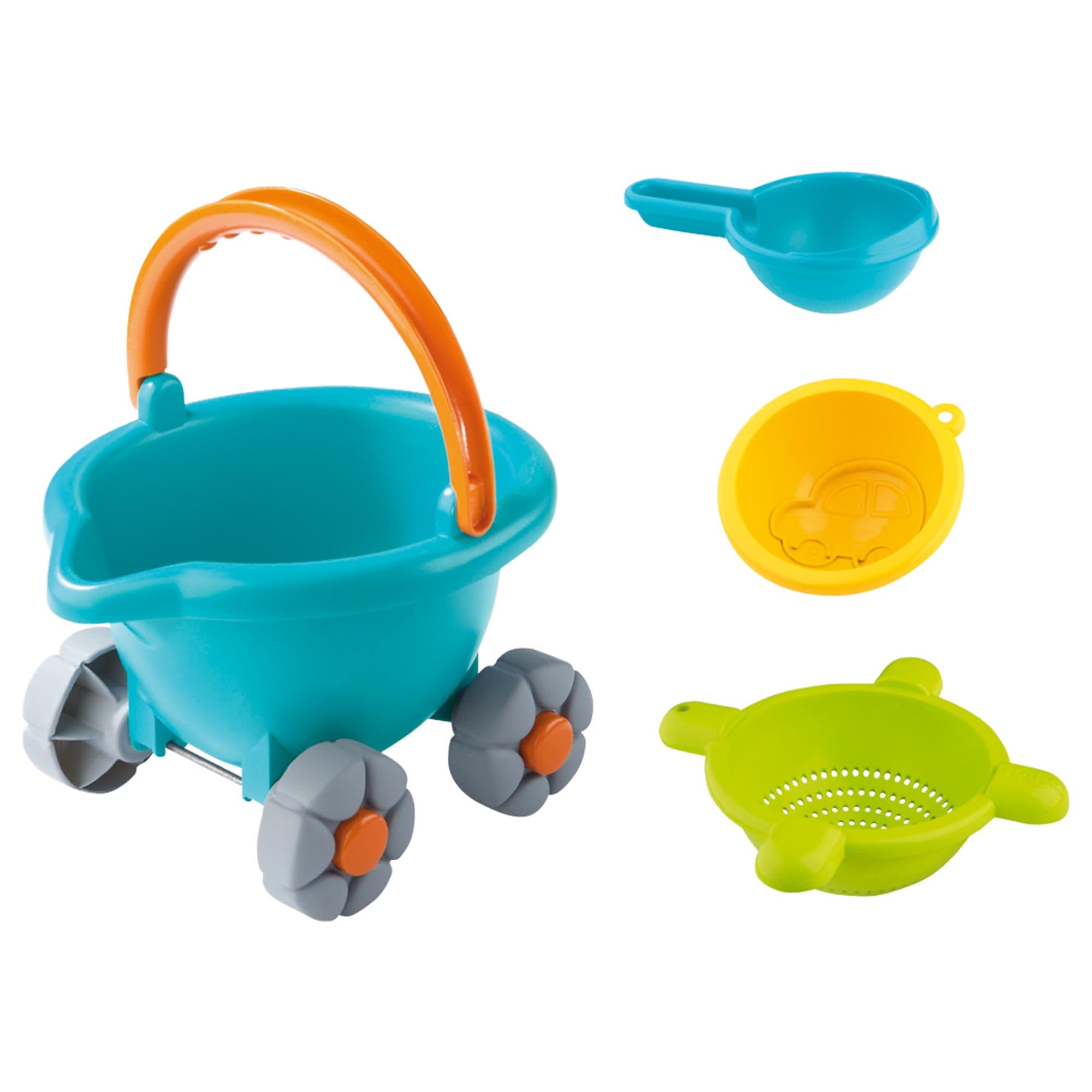 HABA Sand Bucket Scooter - 4 Piece Nesting Beach Toy Set for Toddlers 1-3 Years - Includes Sand Bucket, Sieve, Shovel & Rolling Pail - Perfect Summer Beach Toys for Kids - Great for Sandcastles, Seaside Play & Outdoor Activities