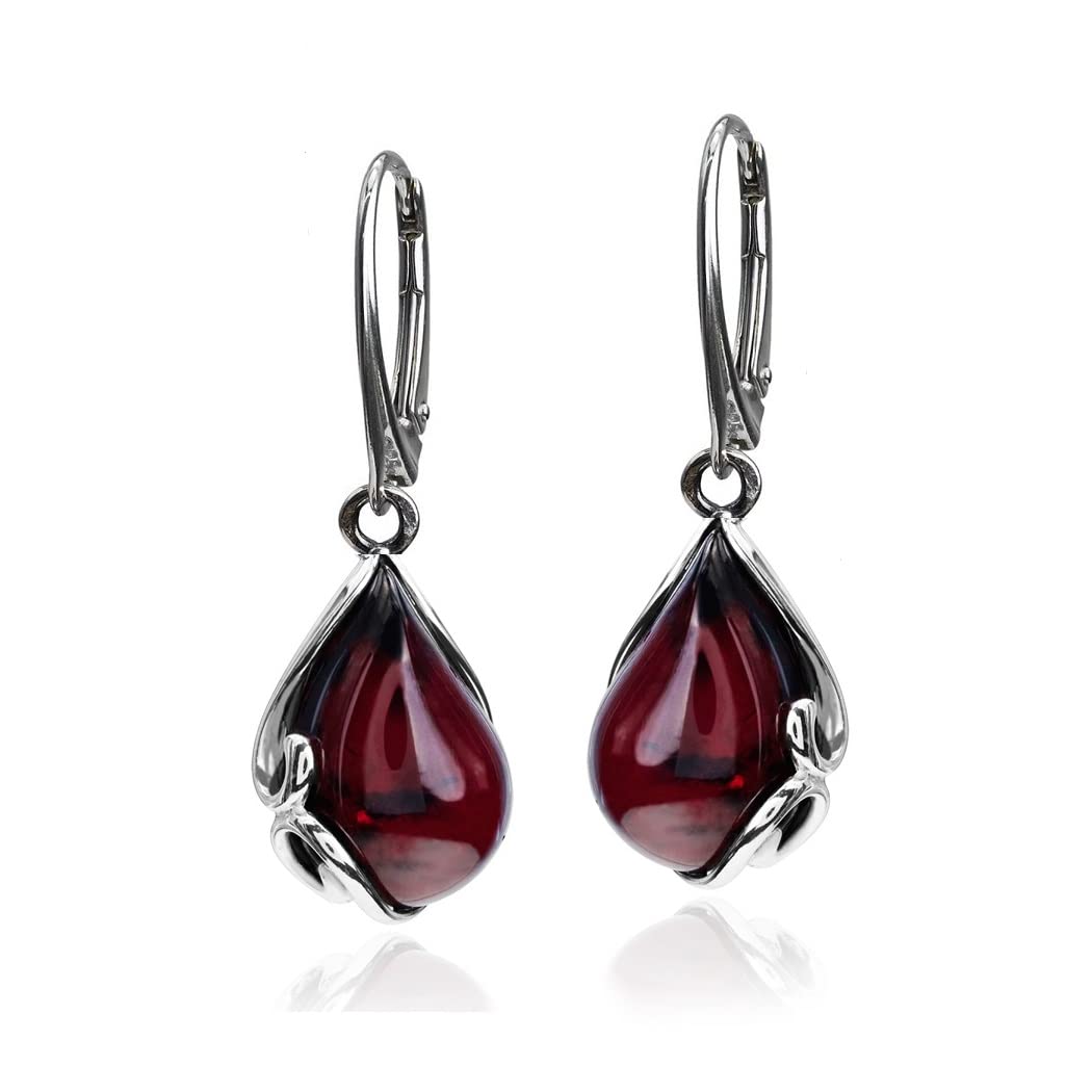 Ian and Valeri Co. Black Cherry Amber Sterling Silver Leverback Earrings for Women | Handmade Dangle Earrings | Gift for Her | Perfect for Weddings, Parties & Special Occasions