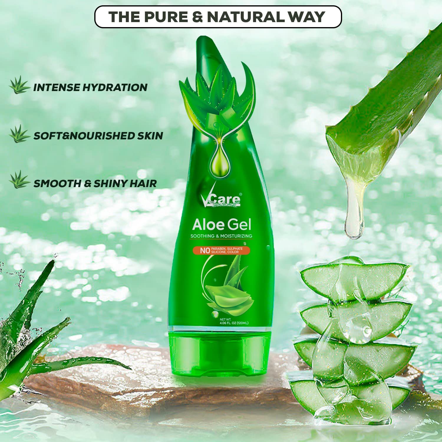 VCare Pure Aloe Vera Gel for Face & Body - Natural Moisturizer for Skin, Acne Scars, Wrinkles & Dark Circles | Hair Care Treatment | 120ml (Pack of 2) | Soothes Sunburn & Hydrates Dry Skin