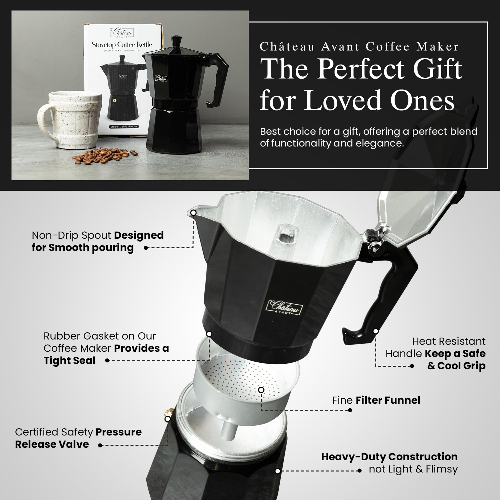 Stovetop Moka Espresso Coffee Maker - 10.6oz Aluminum Italian Coffee Pot for Rich Full-Body Brew - Perfect for Home, Office & Camping Use