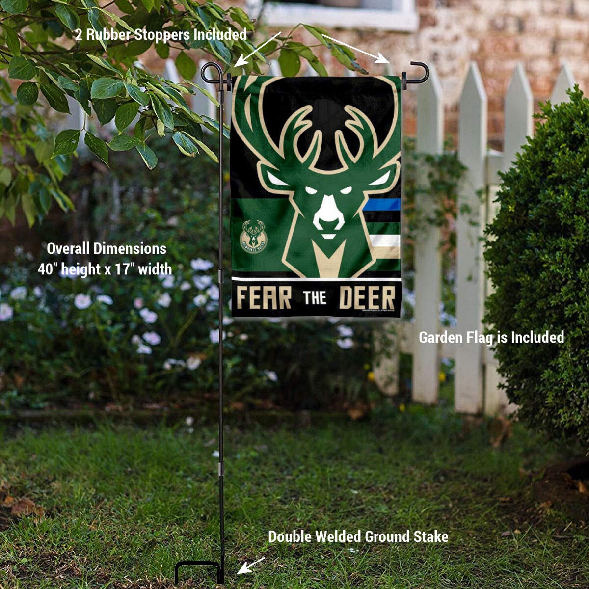 WinCraft Milwaukee Bucks Fear The Deer Garden Flag with Pole Stand - NBA Team Banner for Yard Decor, Sports Fan Gift & Outdoor Party Decoration