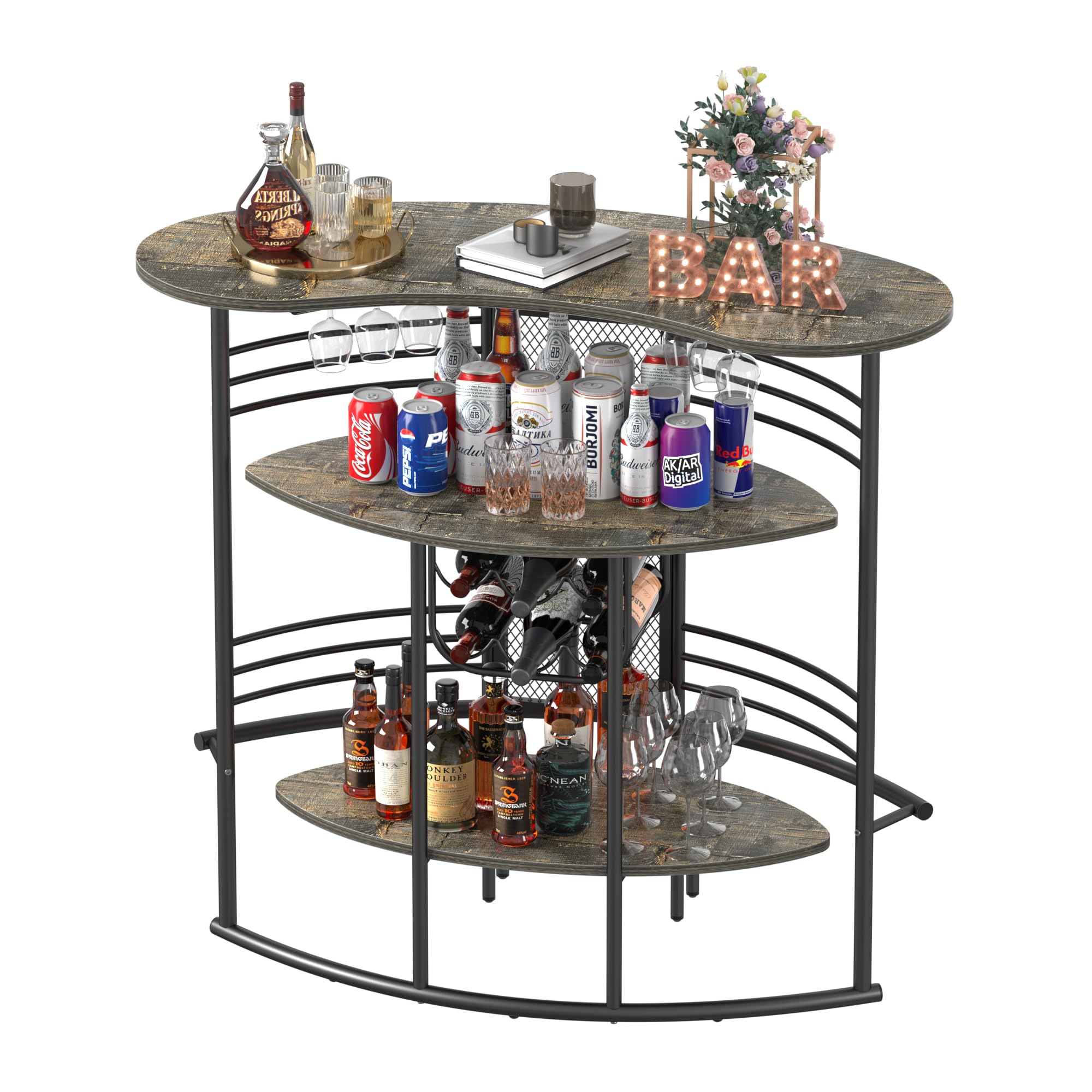 VECELO 3-Tier Industrial Home Bar Cabinet with Storage Shelves & Wine Glass Holder - Oak Finish Mini Coffee Bar Table for Kitchen, Living Room, Pub | Perfect for Entertaining, Small Space Storage & Home Decor