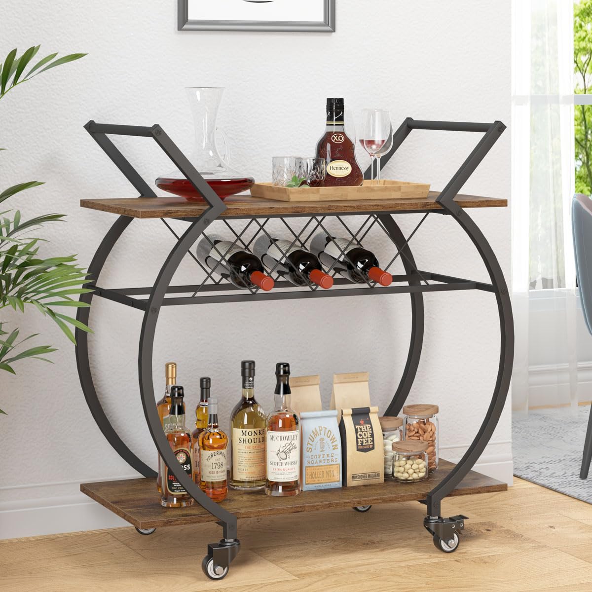 LVB Industrial Kitchen Bar Cart with Wheels - Farmhouse Style Wood & Metal Rolling Beverage Serving Cart with Storage Shelf - Rustic Brown Drink Cart for Home, Living Room, Dining Room - Perfect for Wine Storage, Cocktail Parties & Microwave Placement