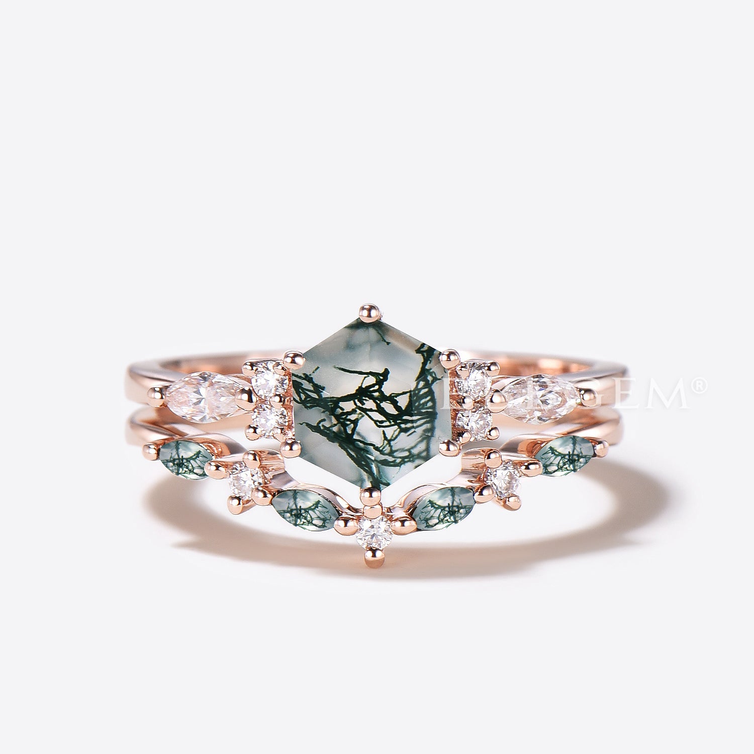 Hexagon Natural Moss Agate Engagement Ring - Vintage Art Deco Style Wedding Band Set for Women - Perfect for Bridal Jewelry, Anniversary Gifts & Proposal