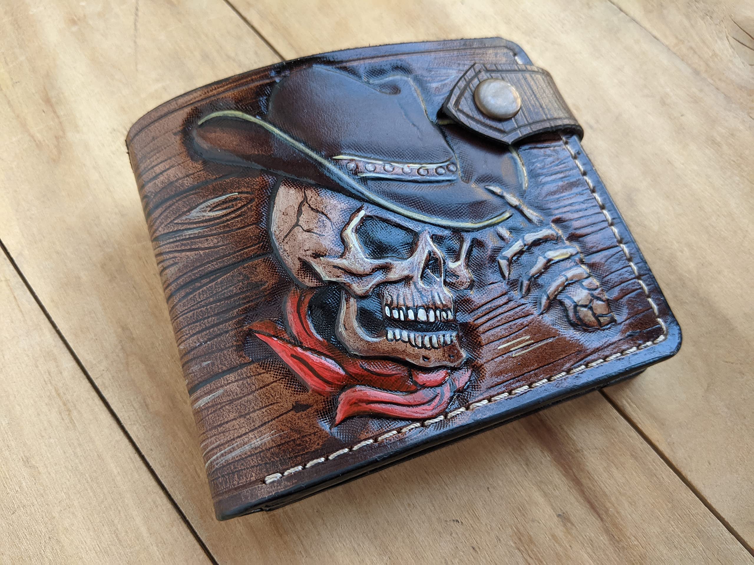 Sheridan Style Western Leather Wallet for Men - Handmade Genuine Leather Bifold Wallet with Floral Embossed Design, Cowboy Skull & Revolver Airbrush Art - RFID Blocking Biker Wallet - Perfect for Western Enthusiasts, Bikers & Gothic Fashion Lovers