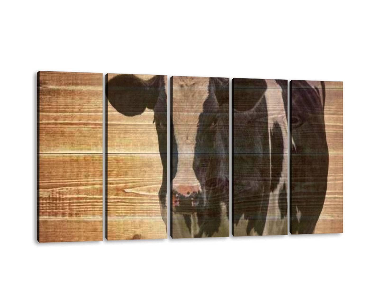 5-Panel Large Canvas Print - Black and White Cow Wall Art on White Background, Stretched Framed Poster for Home Decor (60x32 Inch) | Modern Farmhouse, Living Room, Bedroom Wall Decor