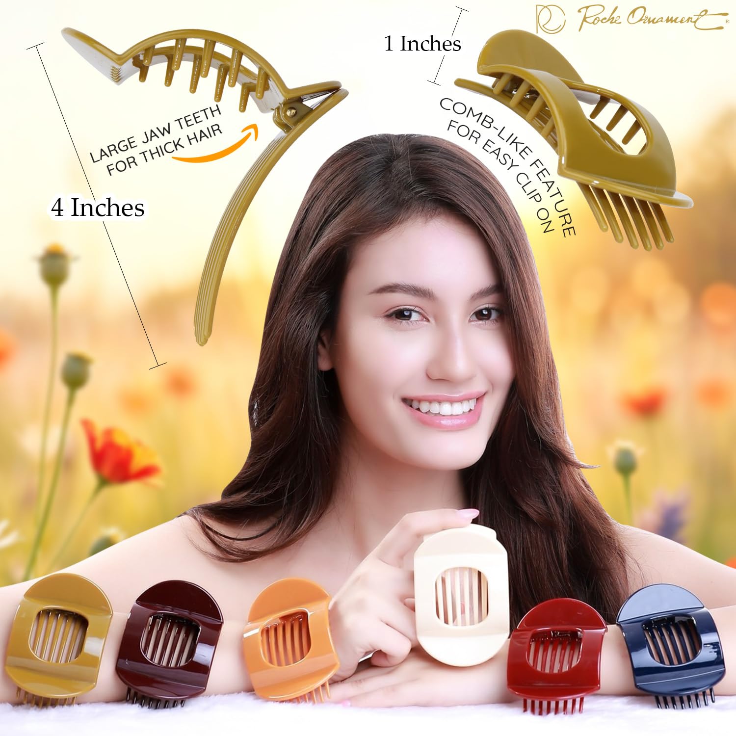 6-Piece Women's Square Strong Grip Hair Clips with Inner Teeth - No Slip Plastic Hair Claw Clamps for Girls & Ladies - Medium Classic Hair Accessories for Styling, Work, and Everyday Use
