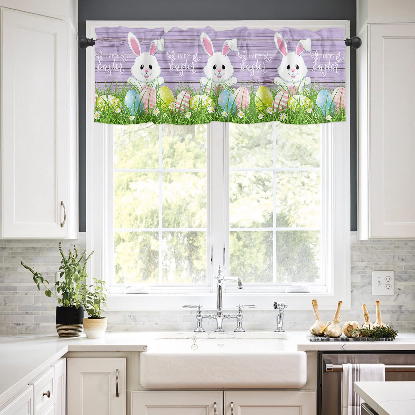 Farmhouse Bunny Easter Egg Short Curtain Panels with Rod Pocket - Spring Meadow Floral Purple Wood Window Valances for Kitchen, Living Room & Bedroom Decor - Perfect for Easter, Spring & Farmhouse Style Home Decor