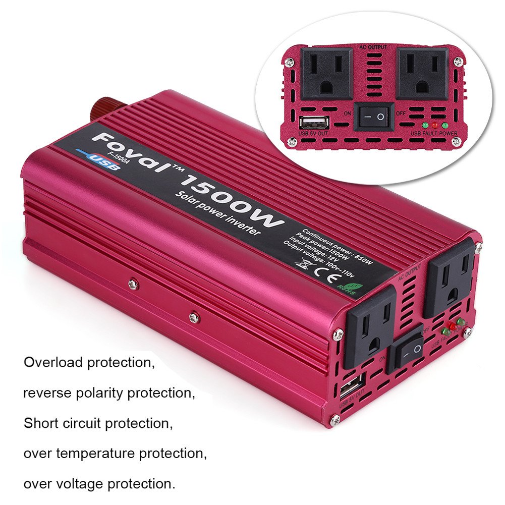Yosoo 1500W Power Inverter DC 12V to AC 110V with Cigarette Lighter Plug & Battery Clips - Portable Car Power Converter for Laptops, CPAP Machines, Small Appliances (Red)