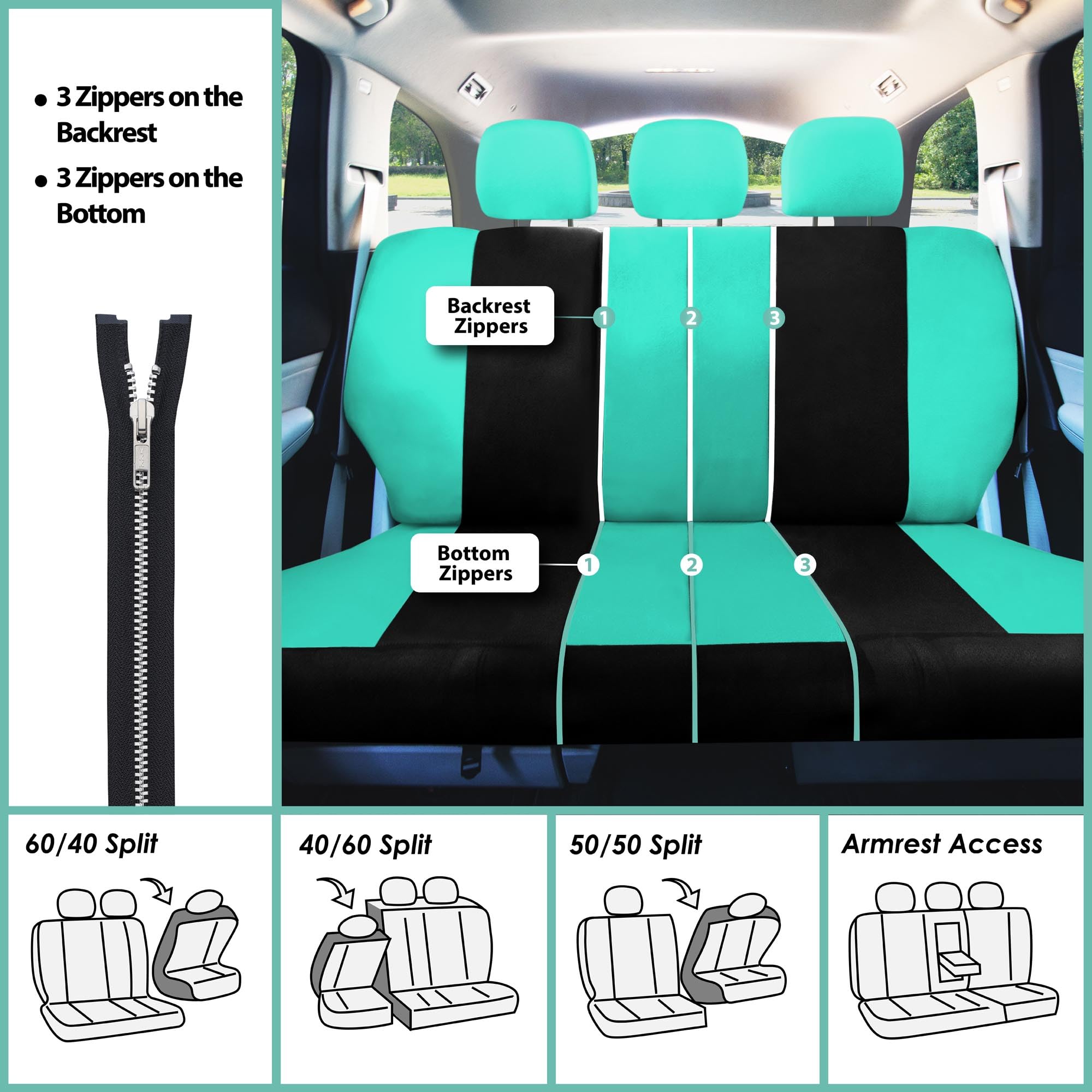 TLH Light Breezy Mint Car Seat Covers - Split Bench Airbag Compatible Seat Protectors with Waterproof Vinyl Floor Mats for Cars, SUVs & Trucks | Perfect for Road Trips, Daily Commutes & Family Travel