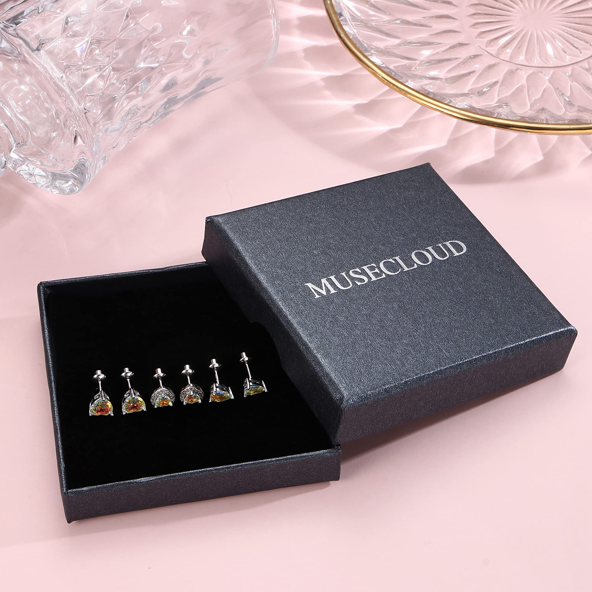 MUSECLOUD 925 Sterling Silver Screw Back Earrings for Women - White Gold Plated Cubic Zirconia Stud Earrings, Trendy Flower Butterfly Halo Heart Jewelry Gift for Birthday, Anniversary & Everyday Wear