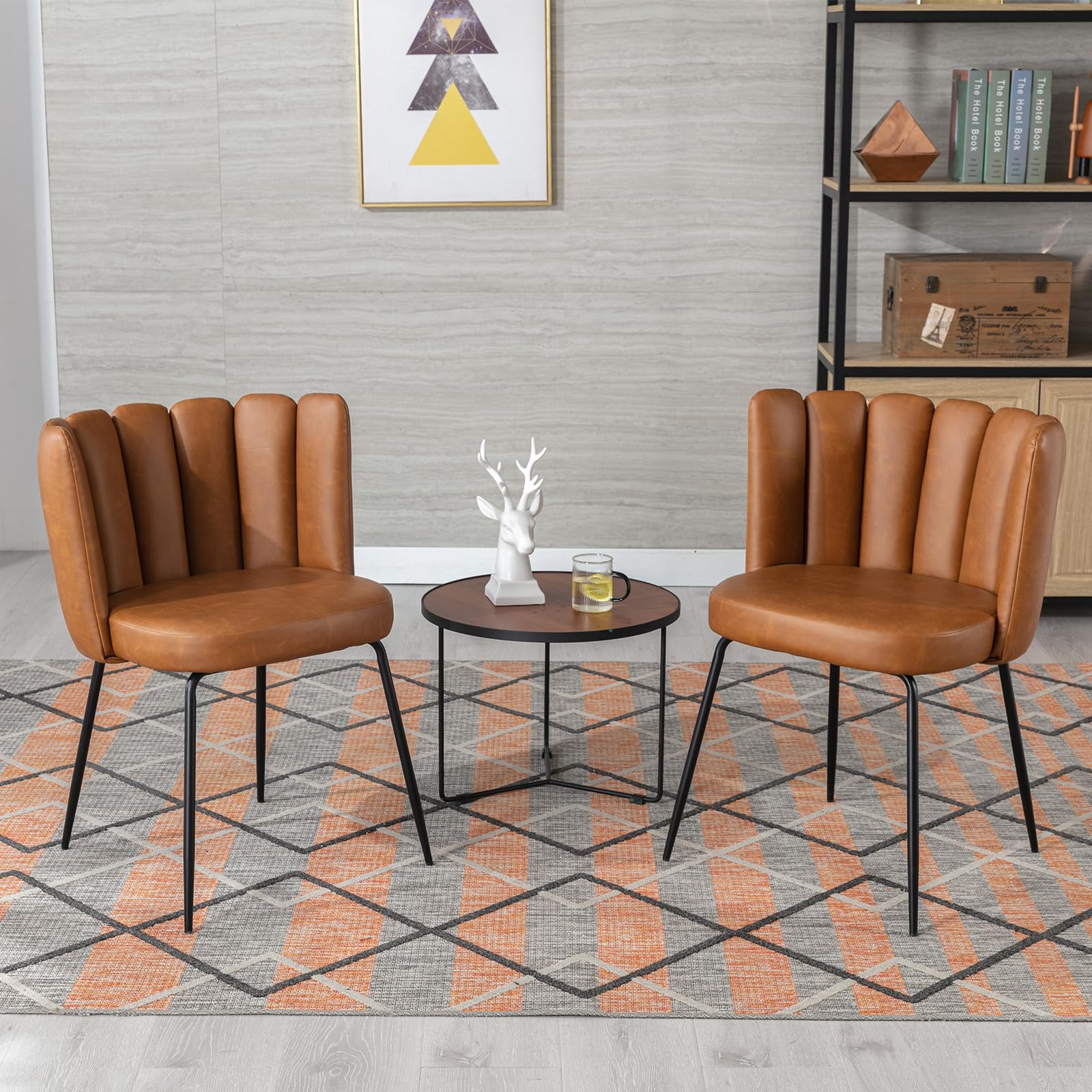 2 Pack Faux Leather Dining Chairs Set - Modern Accent Chairs with Petal Back Design & Sturdy Black Metal Legs, Comfortable Upholstered Side Chairs for Kitchen, Living Room, Restaurant or Office - Brown Leather-Like Seating Solution for Home & Commercial Spaces