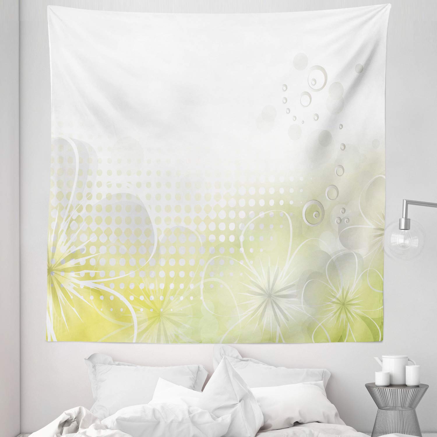 Ambesonne Queen Size Grey and Yellow Abstract Grunge Tapestry - Water Bubbles & Flowers Design, 88