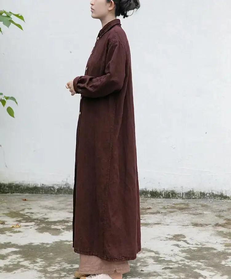 Stylish Autumn Reddish Brown Linen Long Sleeve Windbreaker Cardigan for Women - Perfect for Fall Layering, Outdoor Adventures & Casual Chic Looks
