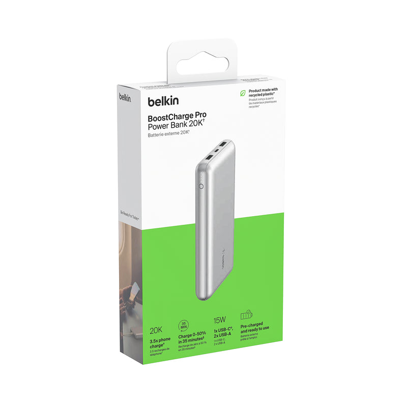 Belkin 20000mAh Portable Power Bank with USB-A & USB-C Ports - Fast Charging for iPhone, Android, Samsung - Perfect for Travel, Camping, and Emergency Backup