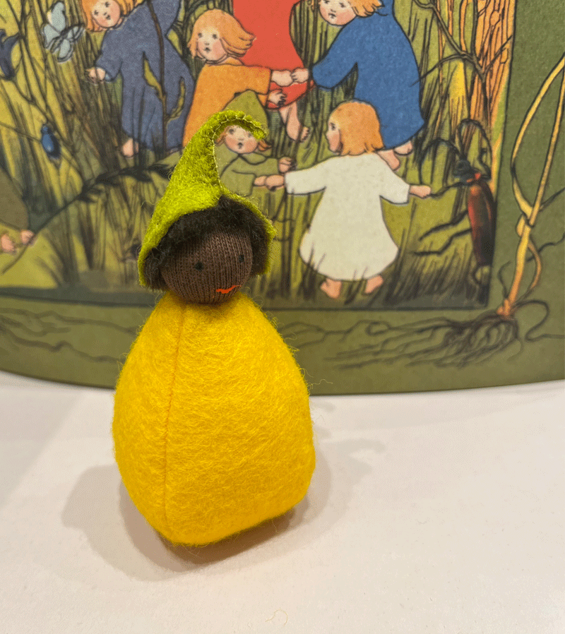 Handmade Dark Skin Yellow Pumpkin Waldorf Felt Doll - Natural Fiber Eco-Friendly Toy for Waldorf Education, Seasonal Decor & Storytelling Play