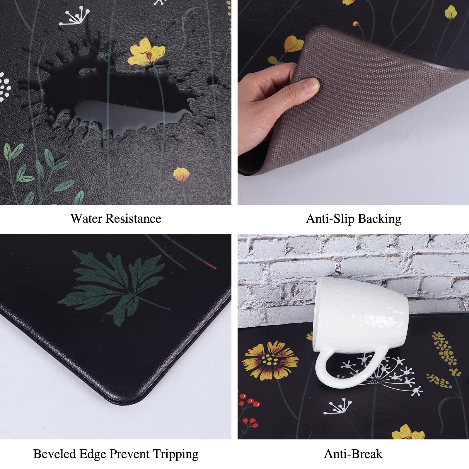 Rempry Non-Slip Kitchen Mat Set - 2 PCS Floral Anti-Fatigue Rugs for Cooking & Cleaning
