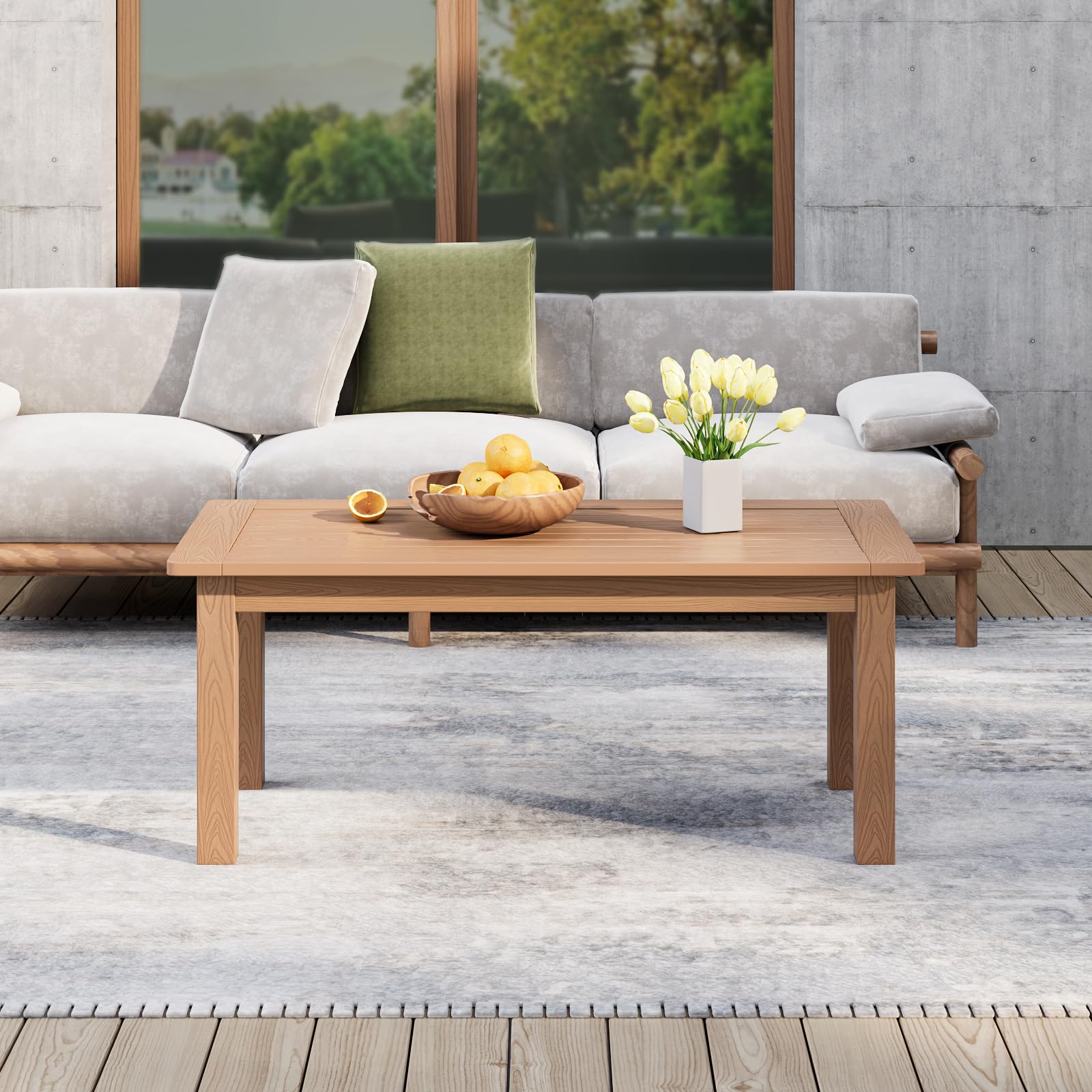 All-Weather Outdoor Coffee Table - Modern Rectangle Teak Patio End Table for Backyard, Porch, Garden, Pool & Deck | Durable HIPS Material | Perfect for Outdoor Entertaining & Relaxation