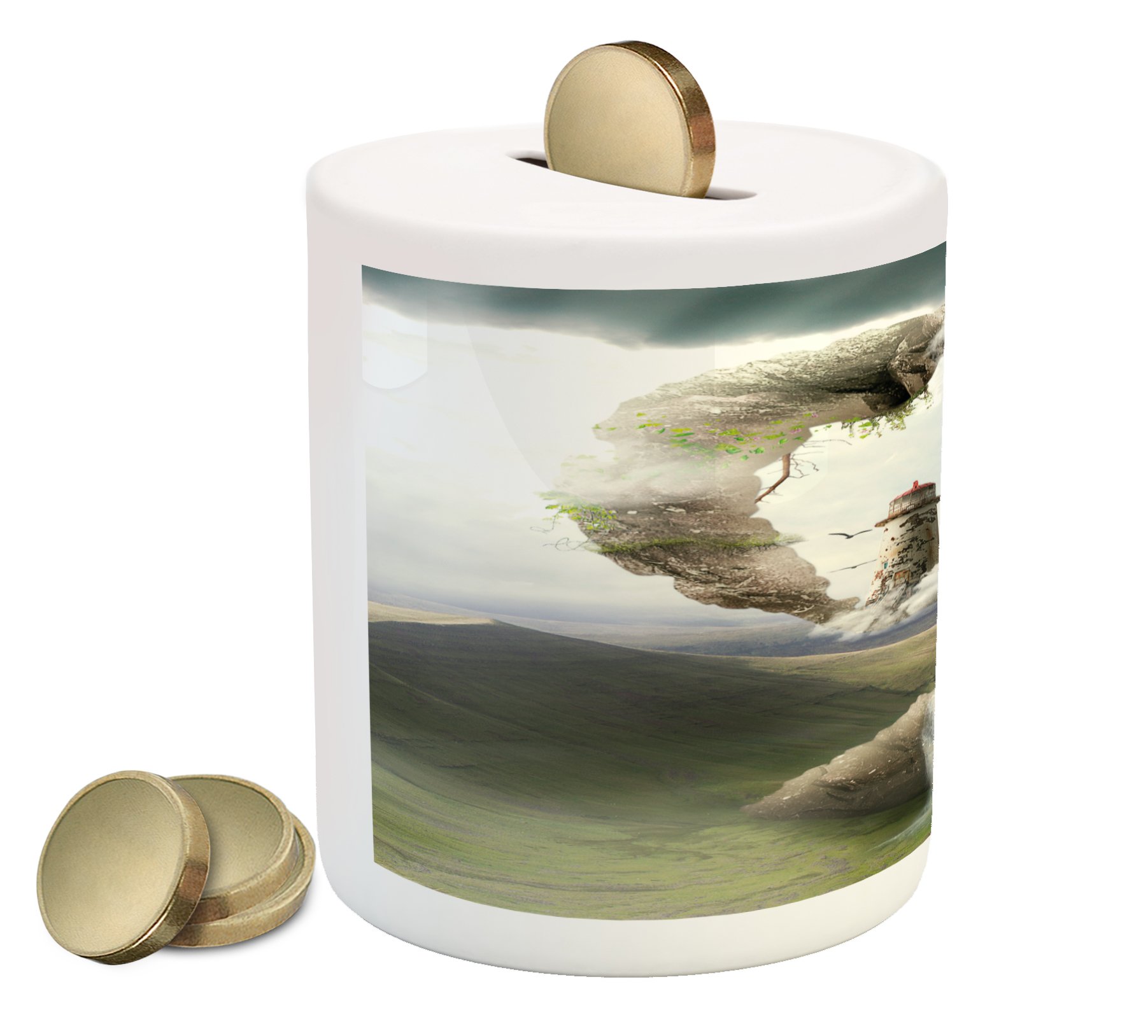 Ambesonne Ceramic Piggy Bank - Fantasy Dreamland Design with Stone Bridge & Lighthouse, 3.6