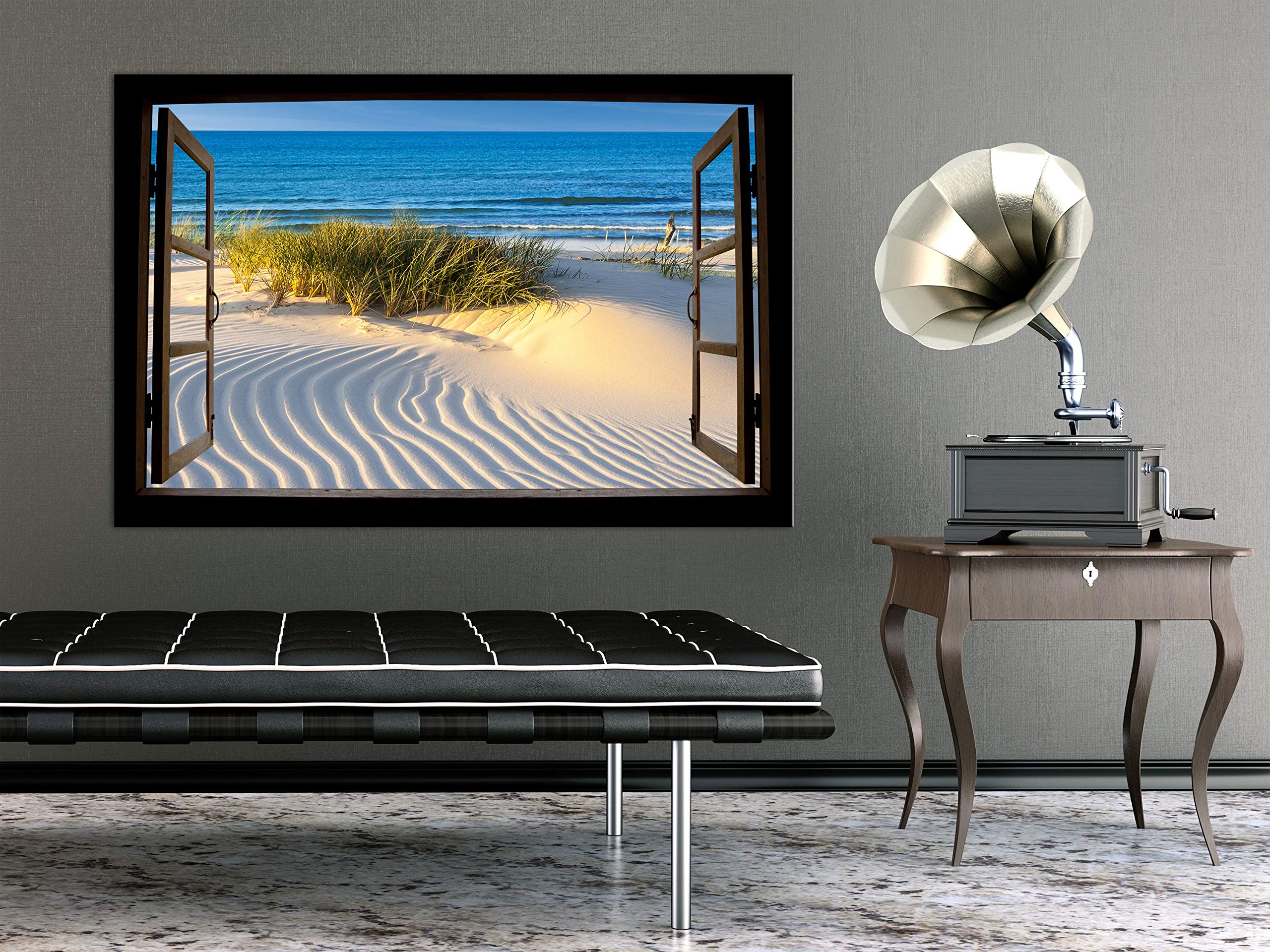 Artgeist Acoustic Canvas Wall Art Print - 35x24 Inch Soundproof Picture with Acoustic Foam, Window View of Sea Beach Nature (1 Piece) | Perfect for Home Theater, Music Studio & Office Soundproofing
