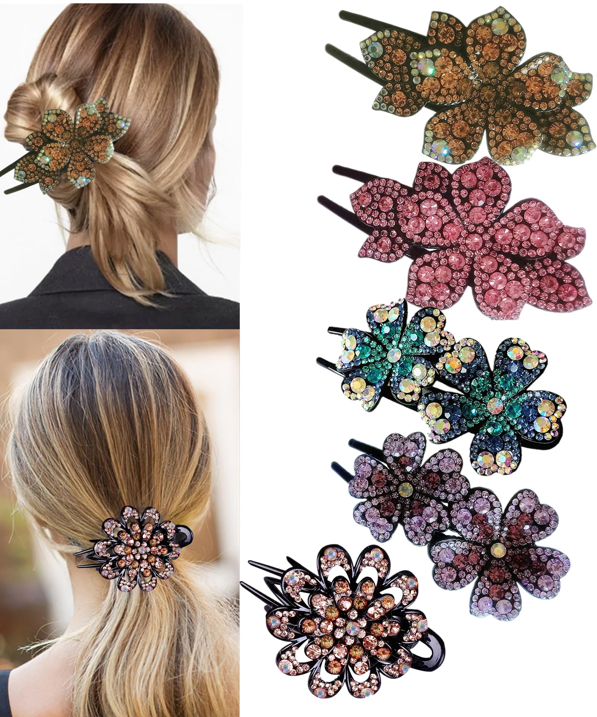 5 Pcs Rhinestone Floral Hair Clips for Women - Elegant Double Flower Crystal Hair Accessories, Vintage Korean & Chinese Style - Perfect for Weddings, Parties & Daily Fashion