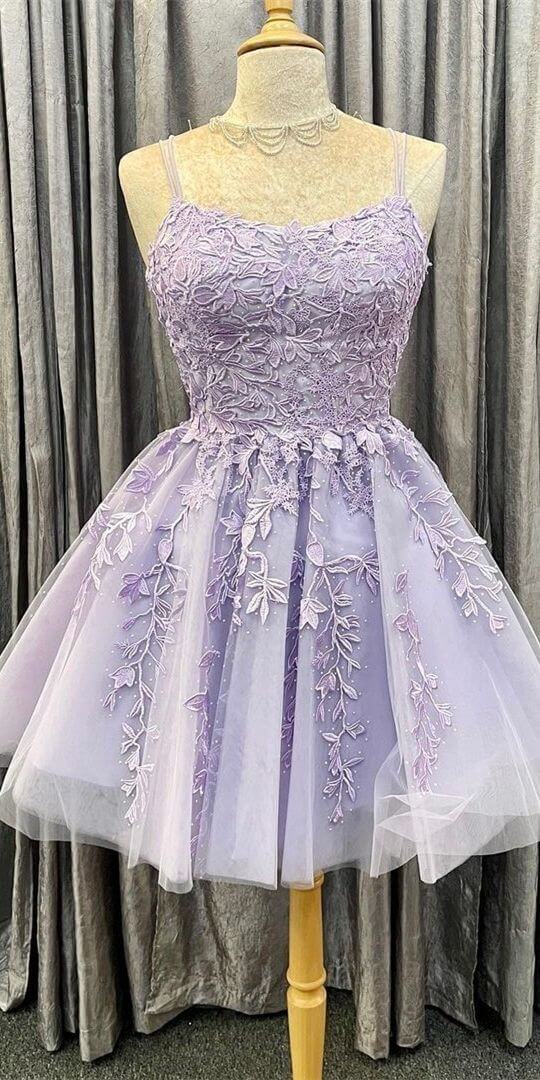 Elegant Short Lilac Prom Dresses with Lace Detailing | Purple Applique Homecoming Gowns for Women | Perfect for Formal Dances, Parties & Special Occasions