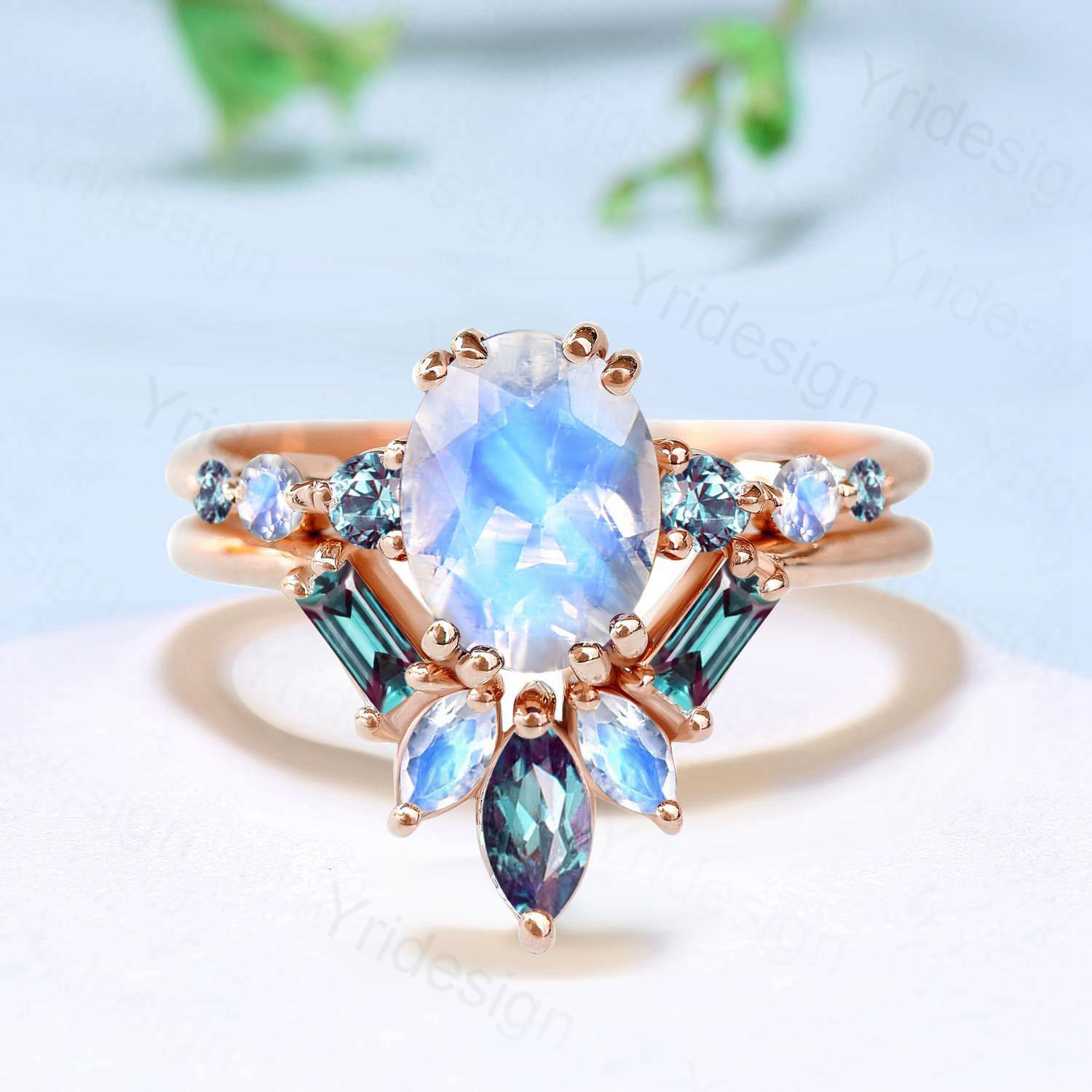 1.5CT Natural Oval Moonstone & Alexandrite June Birthstone Engagement Ring Set - Seven Stone Unique Bridal Jewelry for Women - Perfect for Anniversaries, Proposals & Special Occasions