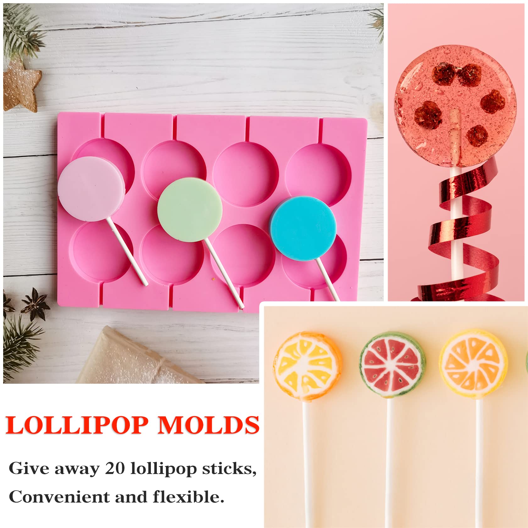 Non-Stick Silicone Lollipop Molds Set - 8 Round Candy Molds with 20 Sticks for Hard Candy, Chocolate, Jellies & Baking - Perfect for DIY Treats, Party Favors & Homemade Desserts