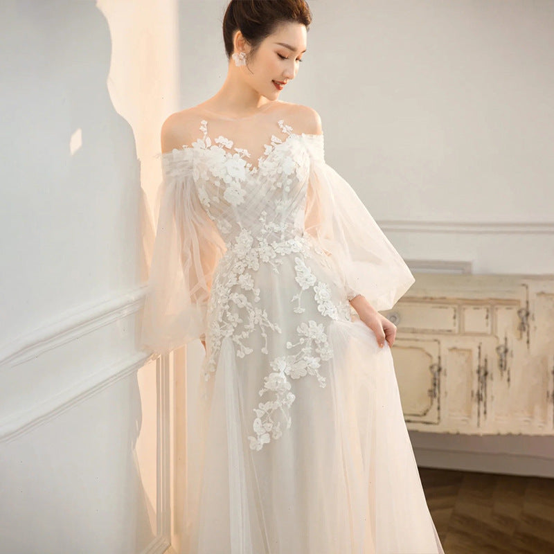 Elegant Long Sleeve Off-Shoulder Wedding Dress with Train - Fairy Tale Bridal Gown for Prom, Ball & Formal Events - Size 38 | Perfect for Church Ceremonies, Vow Renewals & Winter Weddings