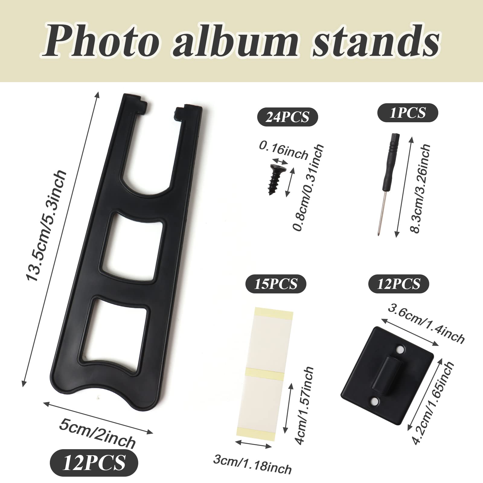 12-Pack Black Plastic Photo Frame Easel Back Stands with 24 Screws, 15 Stickers & Screwdriver - Perfect for Wall Art, Photo Displays and Picture Frame Supplies