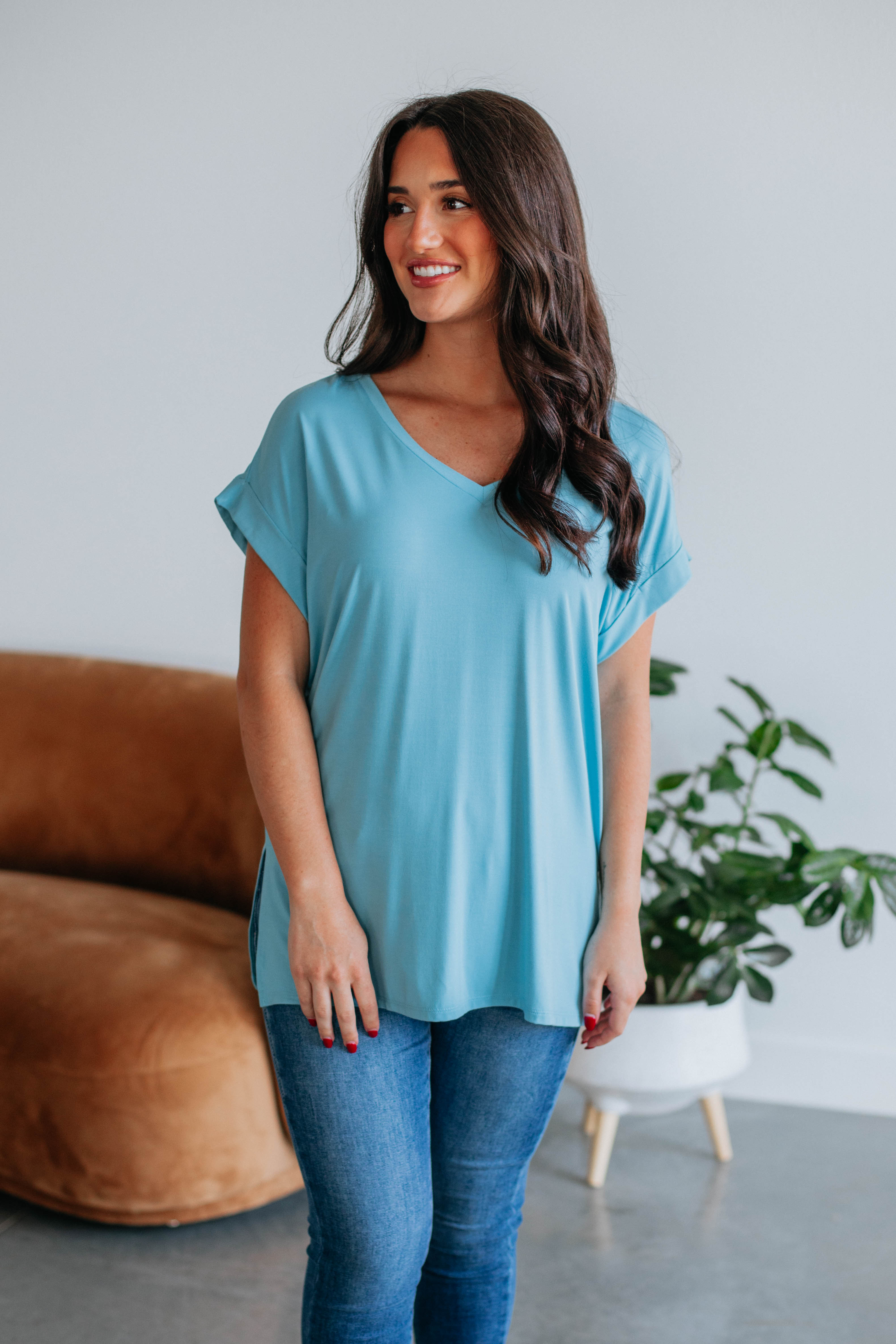 Jill Basic Tee Women's Casual T-Shirt - Soft Cotton Dusty Blue Top for Everyday Wear | Perfect for Layering, Lounge & Outfits