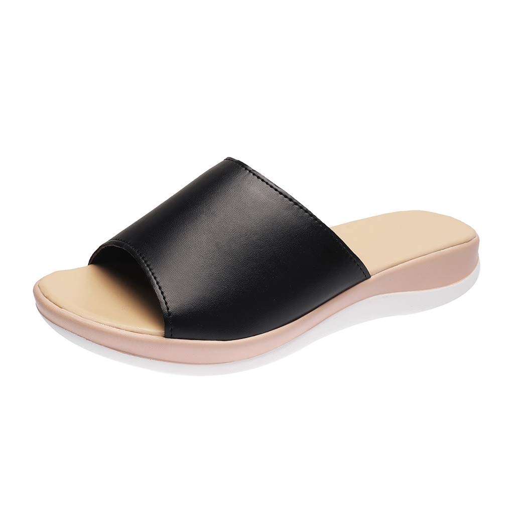 Women's PU Leather Platform Wedge Sandals - Open Toe Summer Slides with Wide Strap for Casual Wear | Comfortable Slip-On Slippers for Beach, Vacation & Everyday Use (Black, Size 8.5)