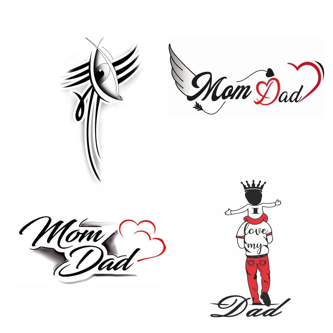 Waterproof Temporary Tattoo Stickers - Mom & Dad Pack of 4 (2x4 inch) | Long Lasting Fake Tattoos for Couples, Parents Day, Family Events & Costume Parties