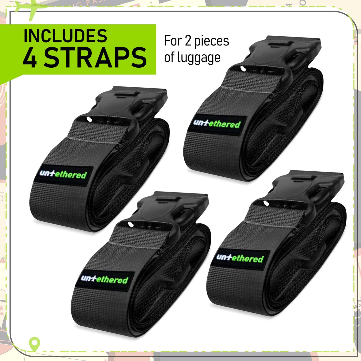 4-Pack TSA-Approved Luggage Straps | Heavy-Duty Adjustable Suitcase Belt Straps for Secure Travel | Durable Buckle Straps for Luggage Wrapping | Perfect for Airplane, Train & Road Trips
