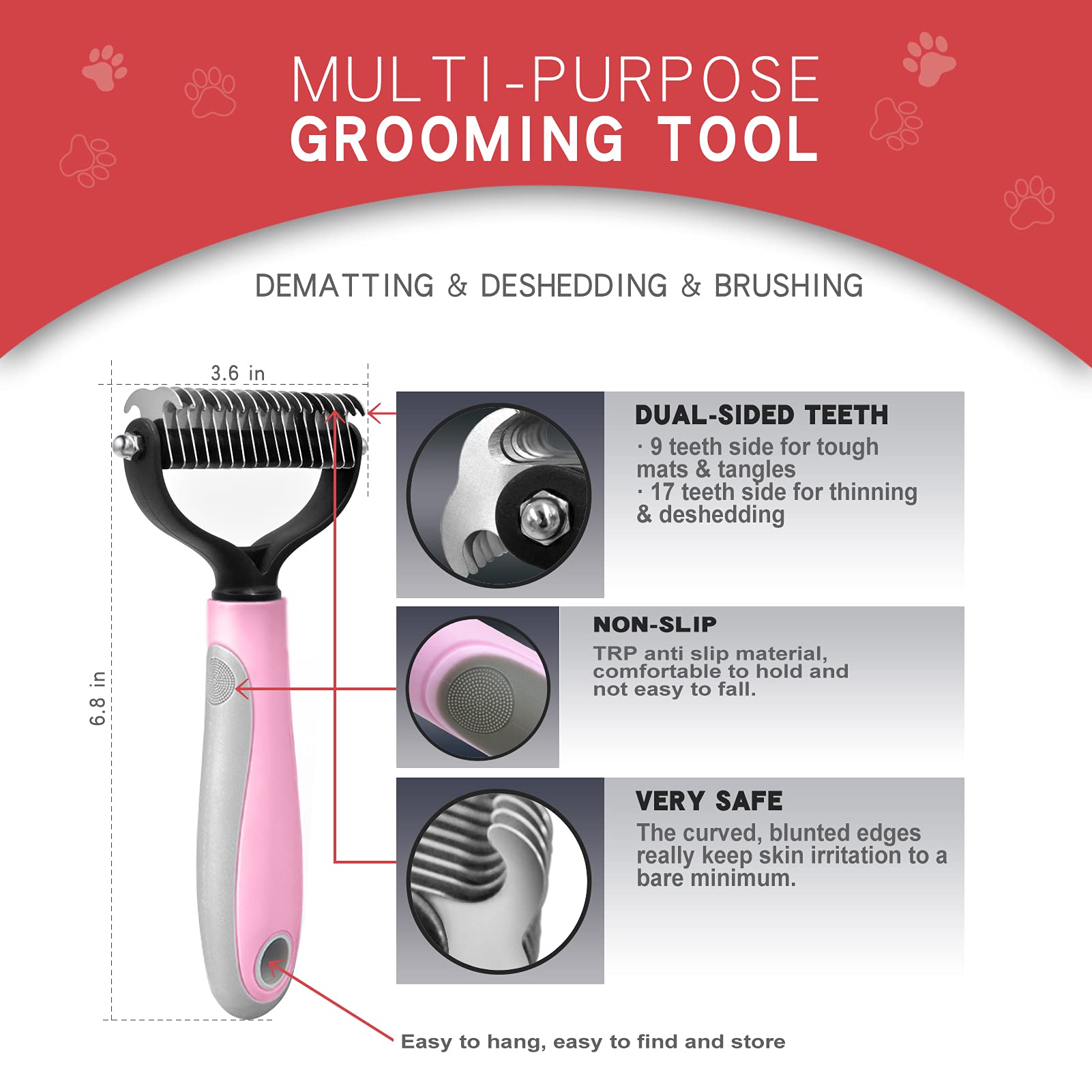 GOESWELL Double Sided Dog Brush for Shedding & Dematting - Undercoat Rake for Dogs & Cats - Grooming Tool Kit with Nail Clippers & File (3 Pack, Pink) - Perfect for Pet Hair Removal & Daily Grooming at Home