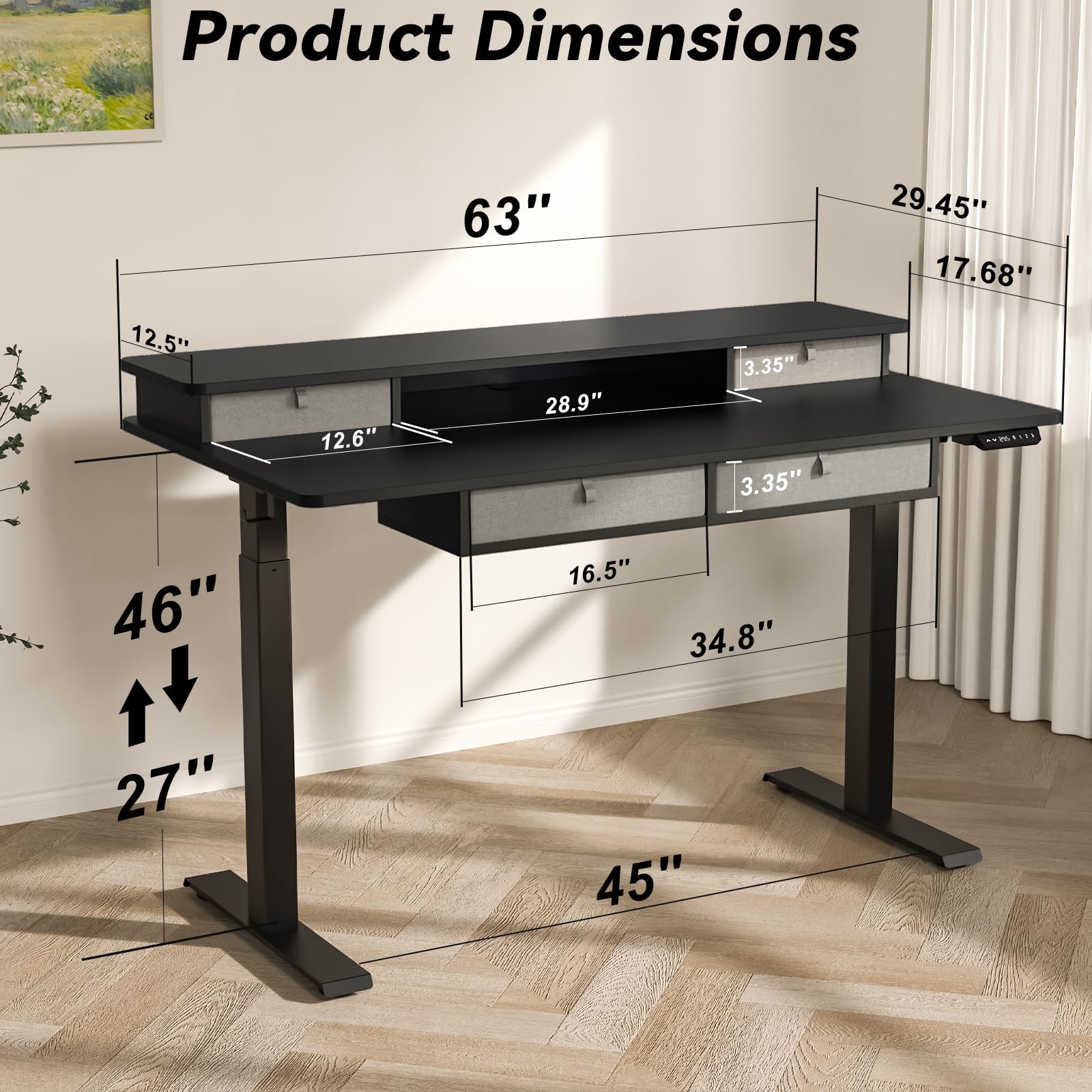 Adjustable Height Electric Standing Desk with 4 Drawers & Wheels - 63 x 30 Inches Sit Stand Desk for Home Office, 3 Memory Presets, Monitor Stand Riser & USB A/C Charging Port - Perfect for Remote Work, Gaming & Ergonomic Workspace Setup