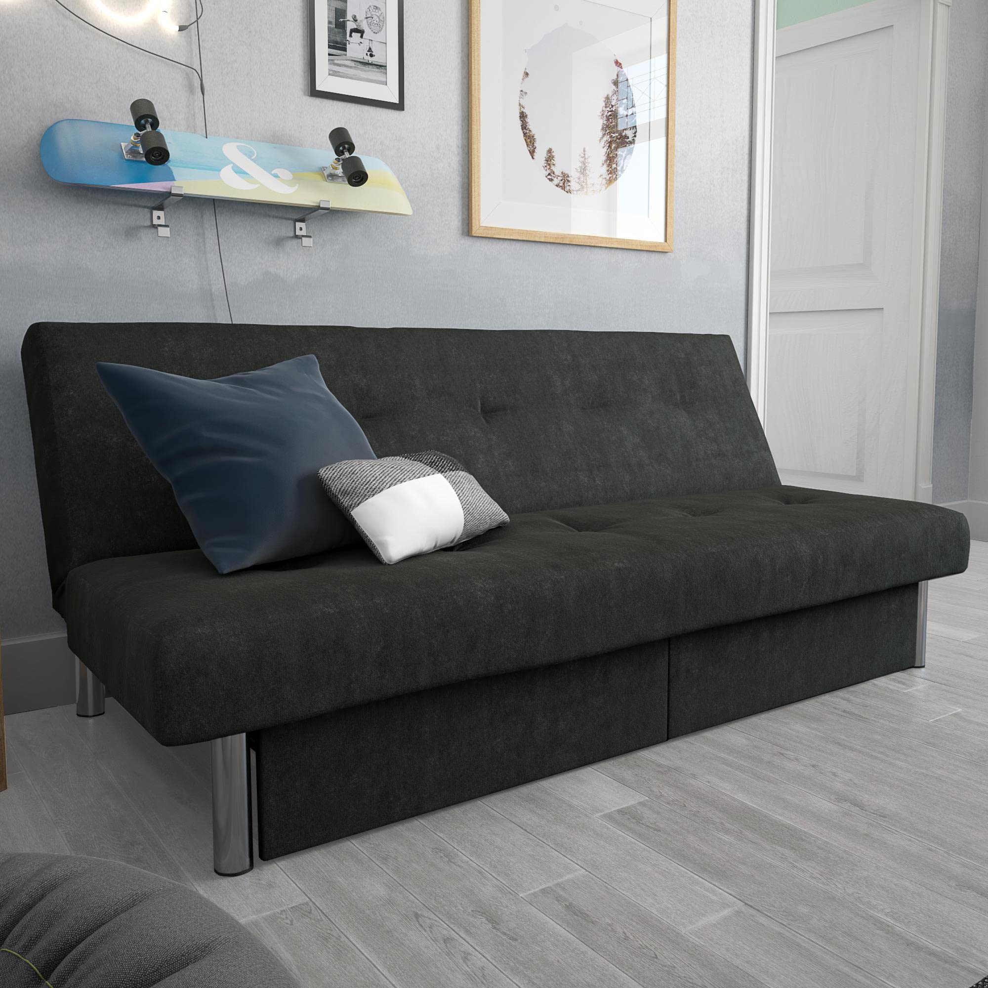 DHP Sola Storage Futon Sofa Bed - Convertible Sleeper with Under Seat Storage, Gray - Perfect for Small Apartments, Guest Rooms & Dorm Rooms