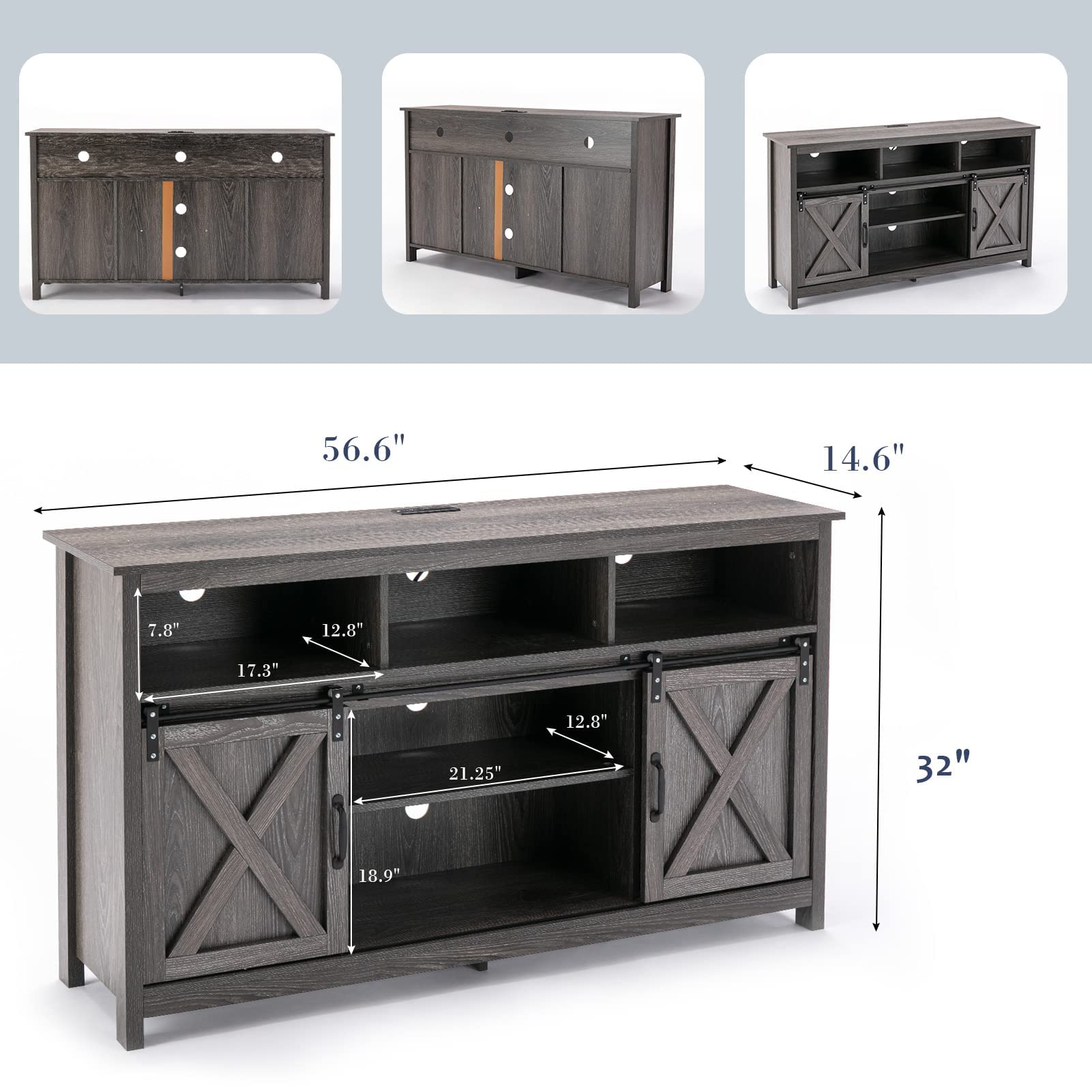 Rustic Farmhouse Coffee Bar Cabinet with Sliding Barn Door - Buffet Server Sideboard with Power Outlet for Dining Room, Kitchen & Entryway - Wash Grey Finish | Perfect for Home Decor, Coffee Station & Storage Solution