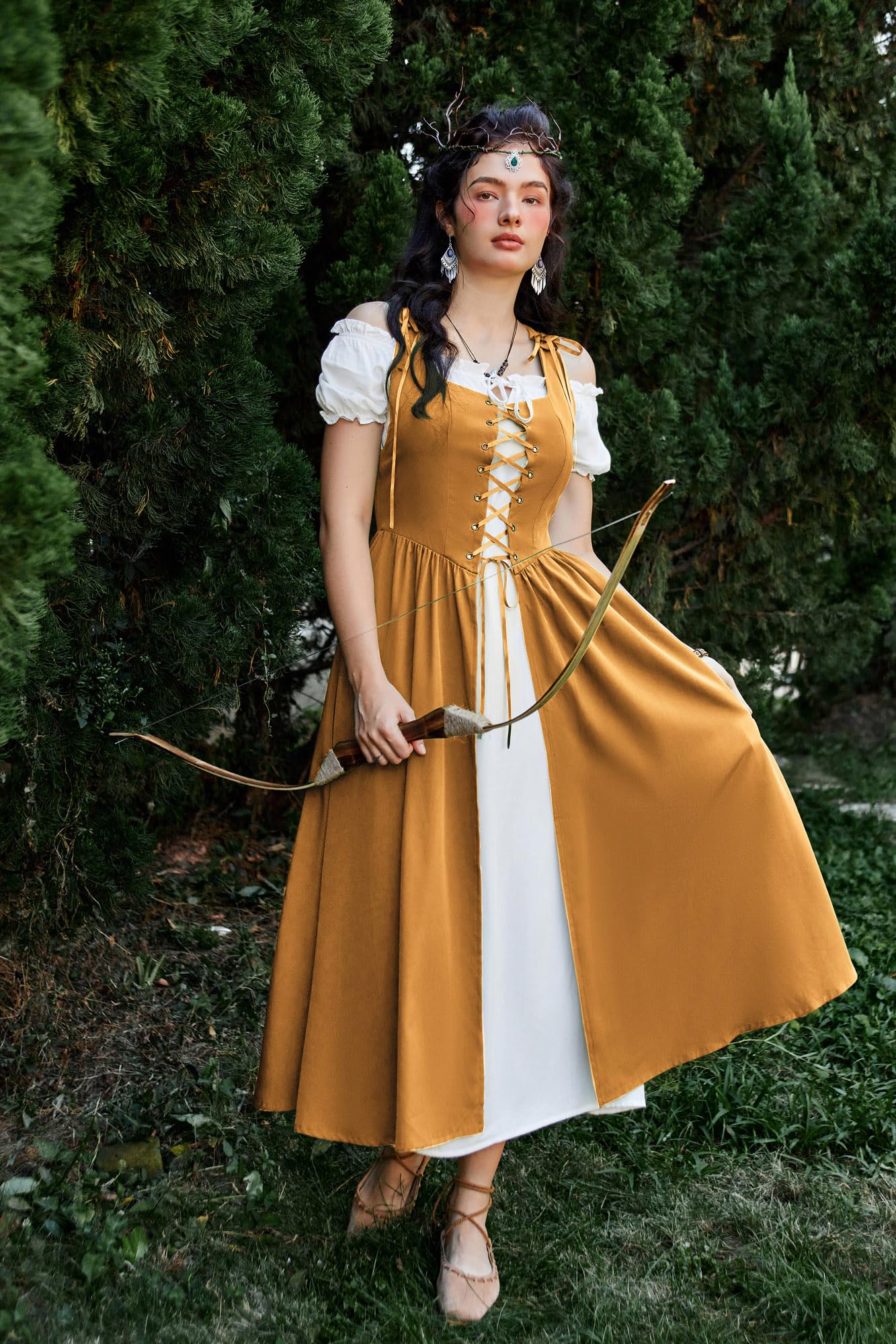 Scarlet Darkness Women's Renaissance Dress - Peasant Medieval Maxi Dress with Short Sleeves | Perfect for Renaissance Faires, Cosplay & Historical Reenactments