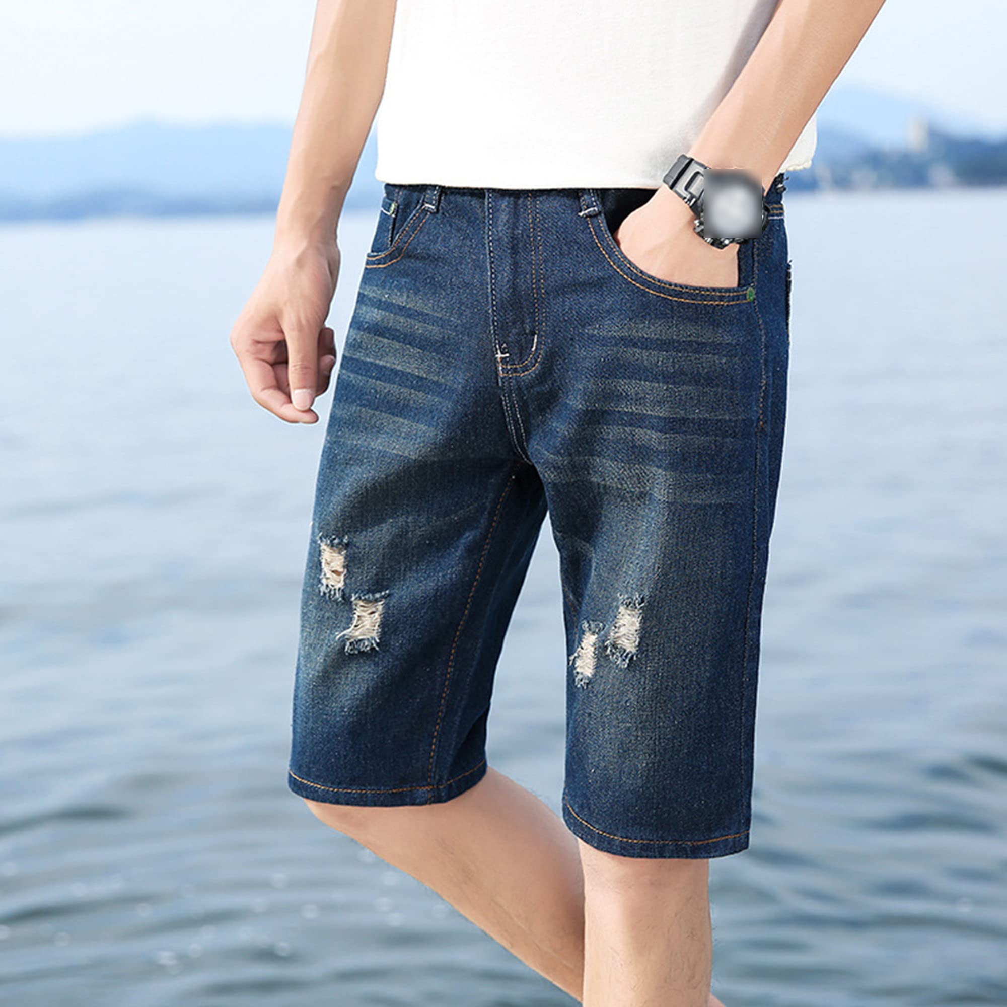 Men's Stretch Slim Fit Distressed Denim Shorts with Zipper & Hole Details - Casual Summer Short Pants for Beach, Streetwear & Outdoor Activities