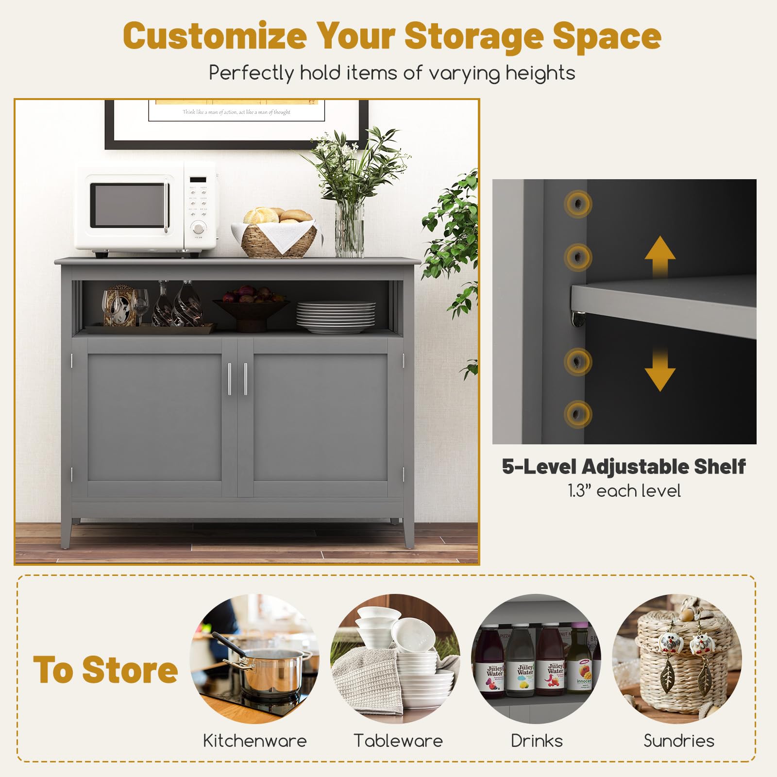 Costzon Wooden Buffet Cabinet with 2 Doors & Adjustable Shelf - Stylish Sideboard, Coffee Bar Cabinet for Kitchen, Living Room & Hallway Storage | Perfect for Dining Room Organization & Home Decor