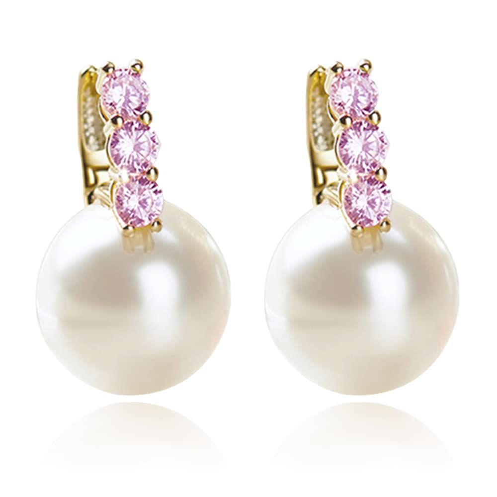 Kesaplan 14K Gold Plated Pearl Drop Hoop Earrings for Women & Girls – Hypoallergenic Cubic Zirconia Dangle Earrings Jewelry, Large Size Gift for Birthday, Wedding & Party