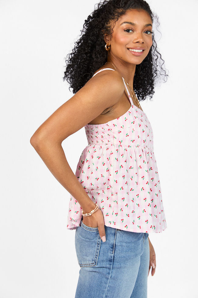 Sweet As Can Be Pink Cherry Gingham Print Tank Top - Women's Summer Casual Sleeveless Blouse for Beach, Picnic & Date Night Outfits