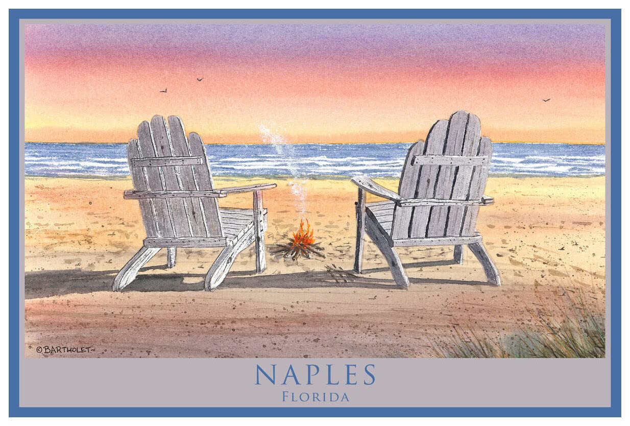 Naples Florida Adirondack Chairs Beach Watercolor Art Print - 12x18 Inch Coastal Decor by Artist Dave Bartholet - Perfect for Beach House, Porch, or Living Room Wall Art