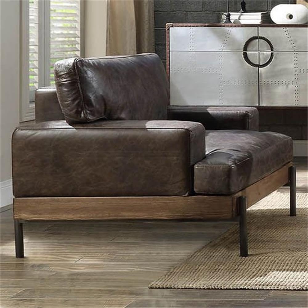 Acme Silchester Genuine Leather Accent Chair - Distressed Chocolate Brown with Oak Wood Frame | Perfect for Living Room, Office or Reading Nook