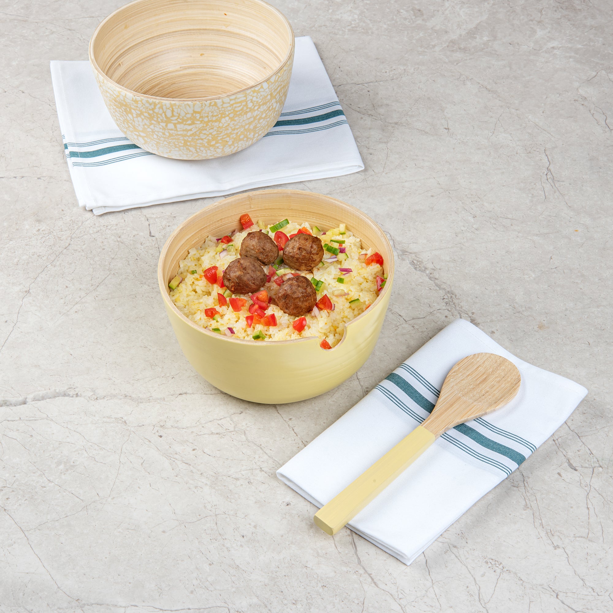 Bambuddha 25 oz Round Cream Spun Bamboo Serving Bowl with Spoon - 7.75
