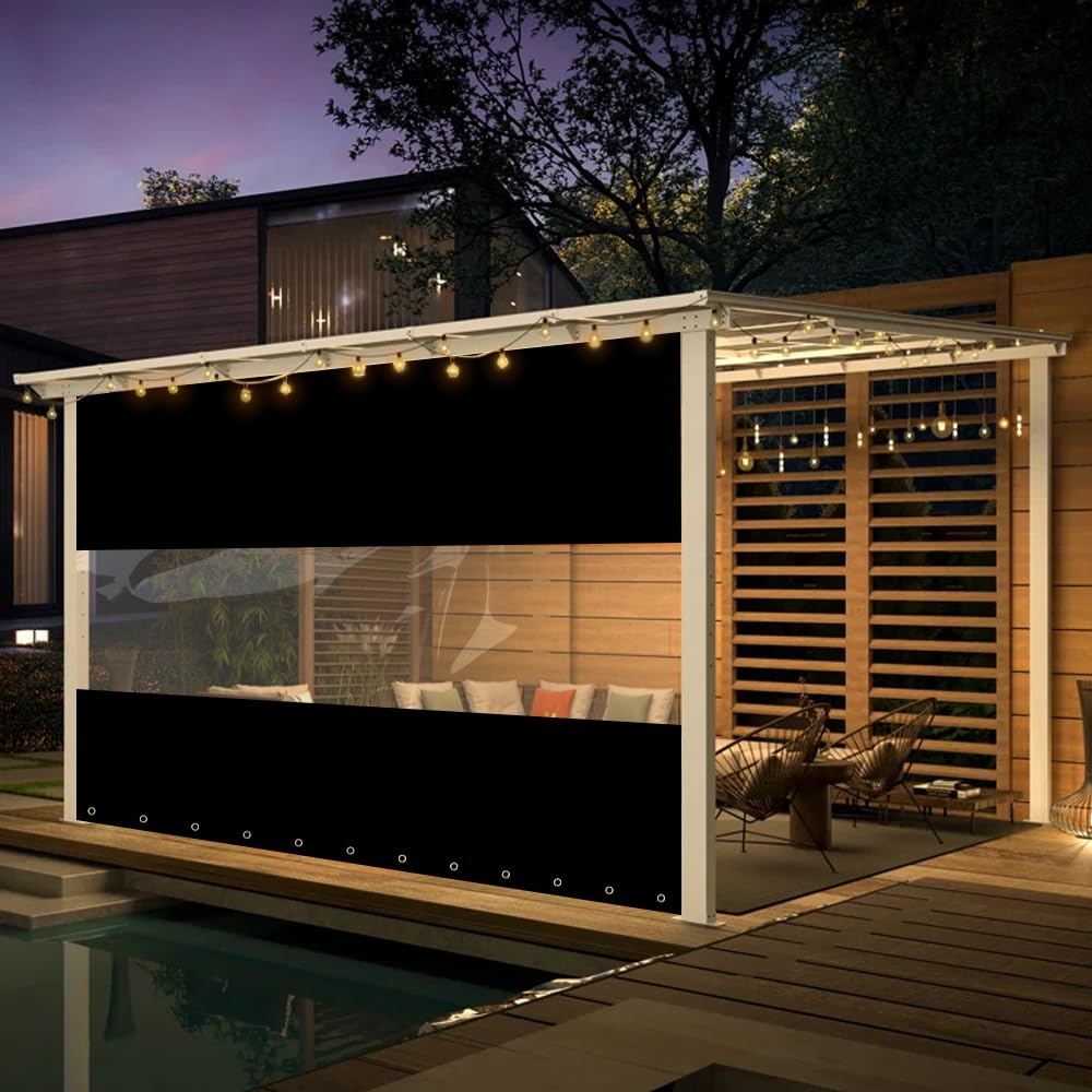 Clear Vinyl Outdoor Curtains 7'x10' - Waterproof & Weather Resistant Patio Curtains with Brass Grommets for Pergola, Porch, Gazebo, Balcony - Heavy Duty 12oz Vinyl Tarp for Sun, Rain & Wind Protection - Perfect for Outdoor Dining, Poolside Lounging & Backyard Privacy