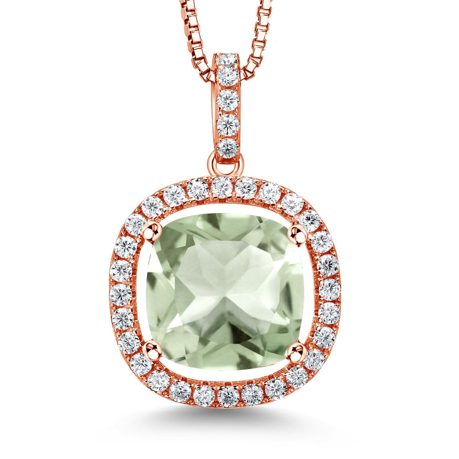 18K Rose Gold Plated Silver 12MM Cushion Birthstone & White Moissanite Necklace for Women | Halo Pendant with 18
